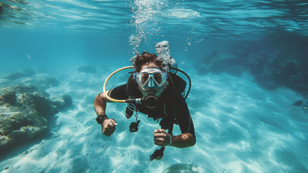 portrait scuba diver sea water with marine life
